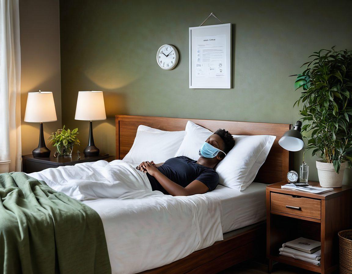 A calming bedroom scene featuring a sleep apnea patient wearing a comfortable sleep mask connected to a compact home sleep test device, with a cozy bed and soothing ambient lighting. Include educational diagrams illustrating air flow and treatment options on the wall. Incorporate elements like a clock showing bedtime and a plant for a touch of serenity. super-realistic. calming colors. warm lighting.