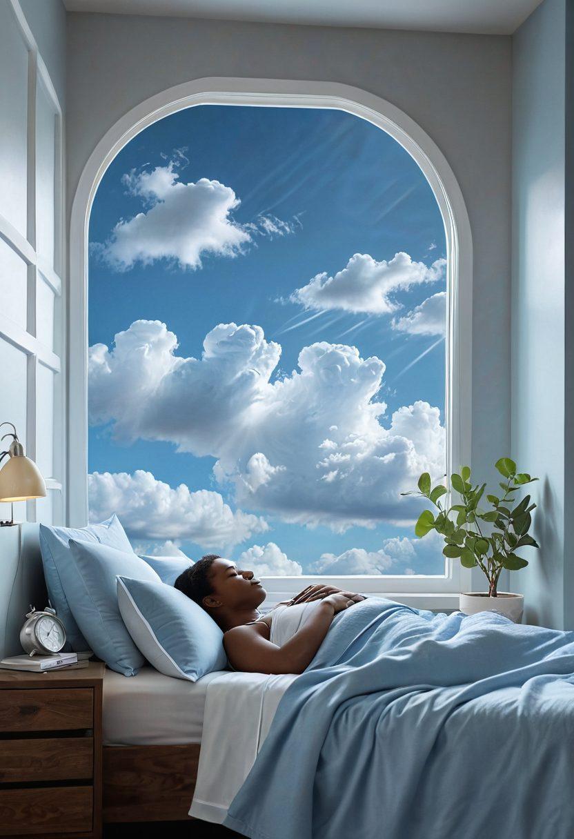 A serene bedroom scene showcasing a person peacefully sleeping with a CPAP machine beside them, soft moonlight streaming in through a window. Gentle clouds float above their head symbolizing restful sleep, while a calming blue and white color scheme creates a tranquil atmosphere. Include subtle health-related icons like a heart and lungs integrated into the background. super-realistic. soothing colors. white background.