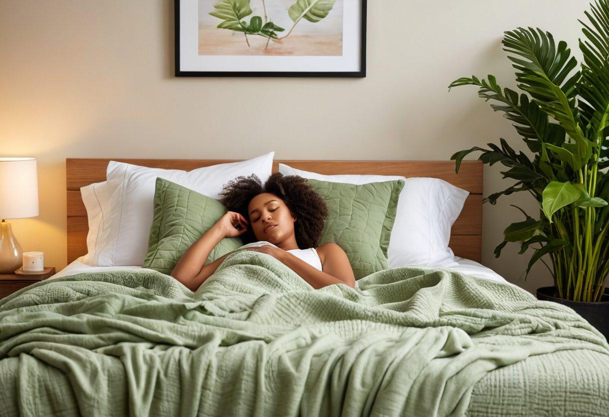 A serene bedroom scene featuring a CPAP machine prominently on a bedside table, with soft, ambient lighting creating a calming atmosphere. Include a person peacefully sleeping with a CPAP mask, surrounded by elements of tranquility like a houseplant and a cozy blanket. Highlight the connection between restful sleep and enhanced breathing through gentle visual cues. super-realistic. warm colors. soothing tones.